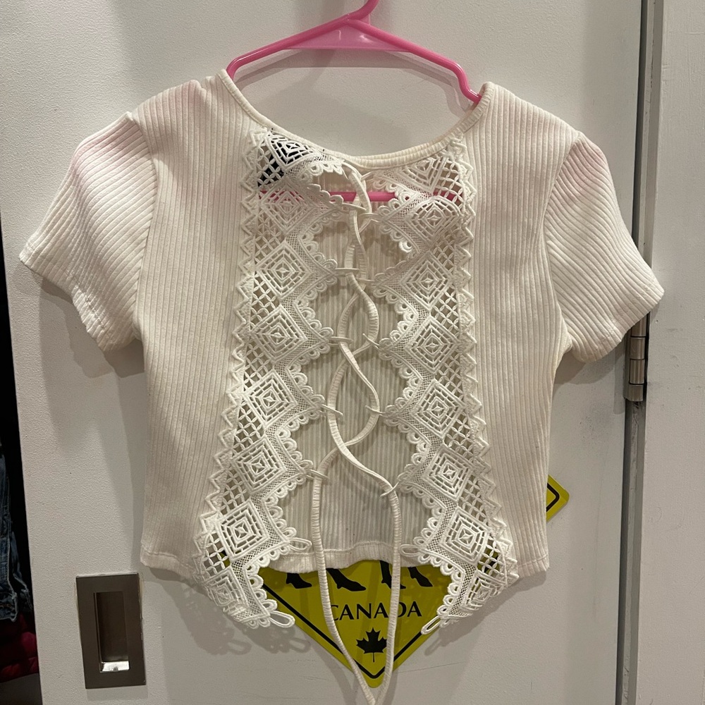 White Lace-Up Short Sleeve Top